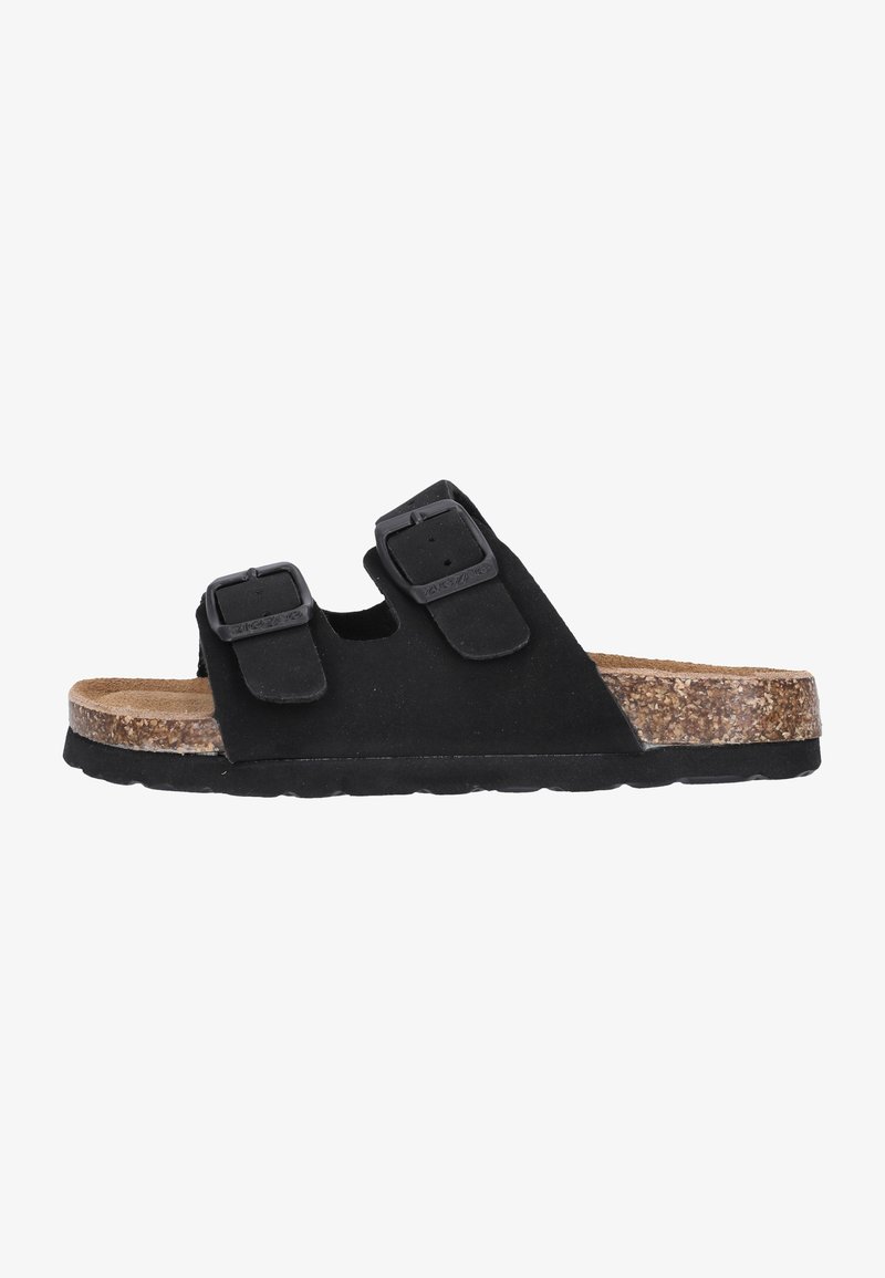 Sandale noire à glissière avec deux boucles réglables et un semelle intérieure en liège, dotée d'une semelle noire plate et d'un design à bout ouvert.