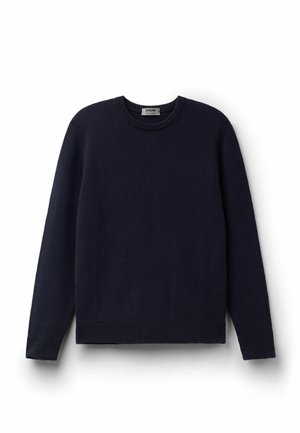 Granatowy sweter z długim rękawem i okrągłym dekoltem, wykonany z miękkiego materiału, z prążkowanymi mankietami, kołnierzem i dołem.