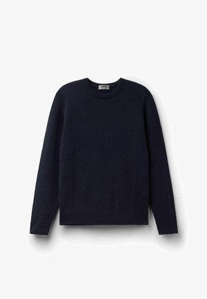 Granatowy sweter z długim rękawem i okrągłym dekoltem, wykonany z miękkiego materiału, z prążkowanymi mankietami, kołnierzem i dołem.