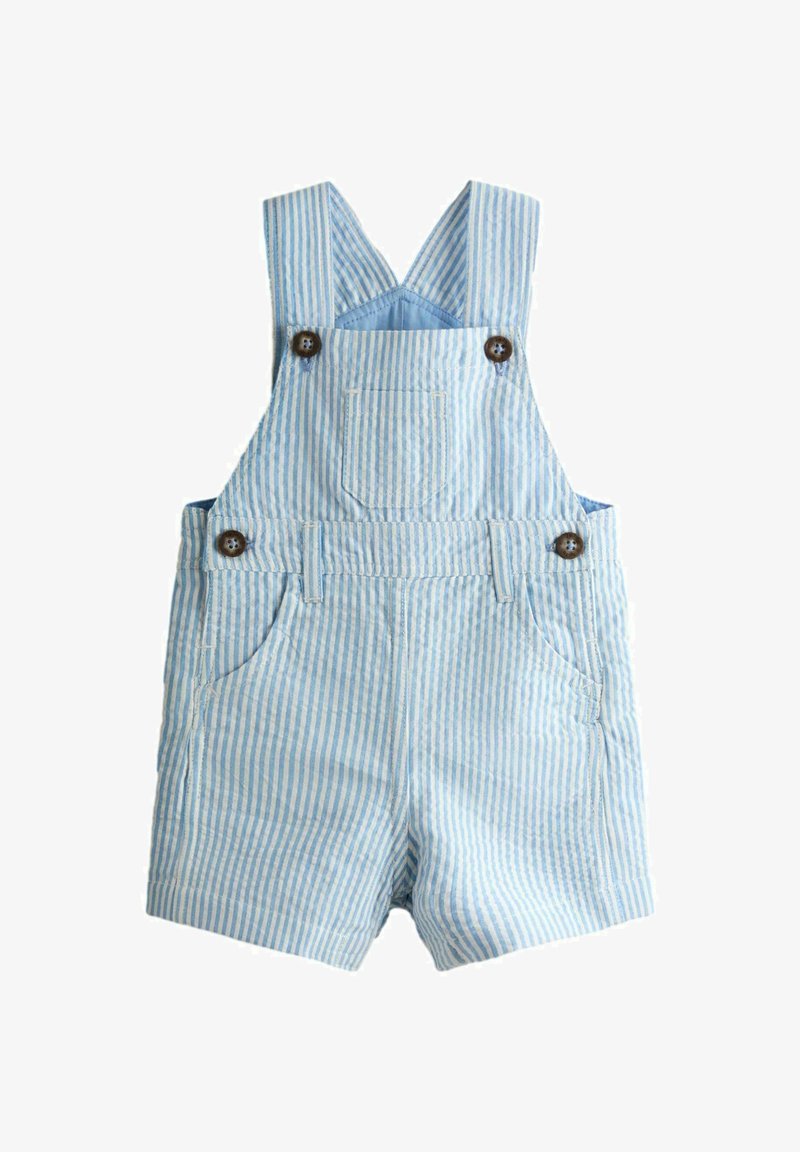 Zilas un baltas svītrains īsais kombinezons mazuļiem ar priekšējo kabatu un brūnām pogām uz lencēm un sānos.