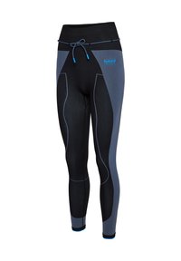 Zwarte en grijze sportleggings met een aansluitend ontwerp, geribbelde textuur, contrasterende panels en een tailleband met koord. Logo zichtbaar.