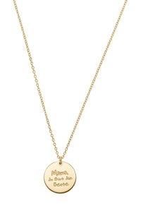 Gouden ketting met een schakel en een ronde hanger. Hanger heeft gegraveerde tekst: "Mama, je bent de beste." Verassige afwerking, gepolijste uitstraling.