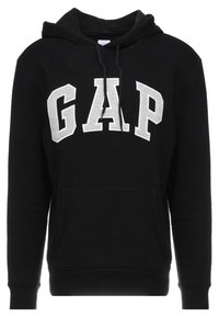 Sweatshirt noir à capuche en mélange de coton, avec le logo "GAP" en gris sur la poitrine, poche kangourou, poignets et ourlet côtelés.