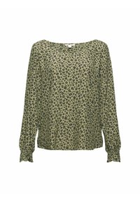 Langsleeve blouse in olijfgroen met zwarte bloemenprint. Zacht materiaal, ronde halslijn en elastische manchetten. Casual, relaxed fit.