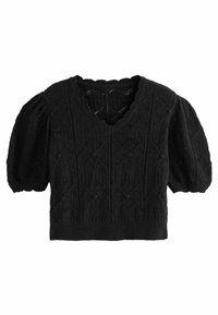 Maglione nero lavorato a maglia con maniche corte e puff, scollatura a V, motivo a rombi testurizzato e piccole decorazioni a pompon. Bordo a coste.