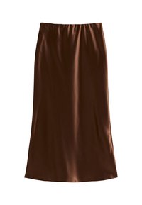 Jupe midi en satin marron avec une taille élastique, texture lisse et silhouette droite, conçue pour un ajustement décontracté.