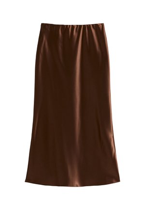 Bruine satijnen midi-rok met een elastische tailleband, een gladde textuur en een rechte silhoeët, ontworpen voor een relaxed fit.