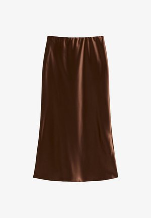 Brun satin midi kjol med elastisk midjeband, slät textur och rak silhuett, designad för en avslappnad passform.