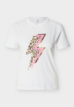 White short-sleeve t-shirt with a large lightning bolt graphic featuring beige leopard print, pink, and gold accents on the front center.