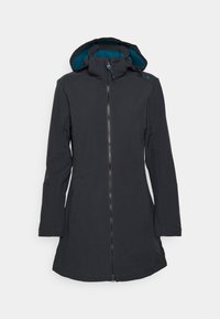 Chaqueta negra impermeable con cremallera delantera de longitud completa, capucha ajustable, dos bolsillos laterales y forro interior en contraste.