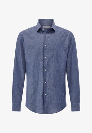 Blaues Langarmhemd mit geradem Kragen und weißen Knöpfen, dargestellt auf weißem Hintergrund.