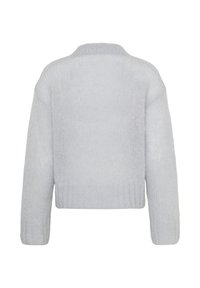 Pull tricoté gris clair à manches longues et poignets côtelés, vu de dos sur fond blanc.