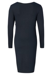 Marinblå, långärmad klänning med en figurnära silhuett och rund halsringning, tillverkad av slät, stretchig tyg. Inga synliga mönster eller detaljer.