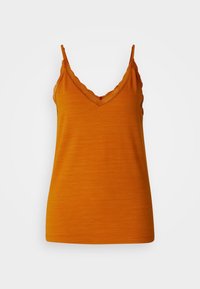 Oransje tank topp med V-hals, bølget kant på stroppene og en jevn tekstur. Enkelt design, tettsittende form, og ingen synlige mønstre.