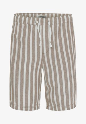 Stribede shorts i et lysbrunt og hvidt mønster, med en elastisk talje og snore, lavet af et struktureret stof.