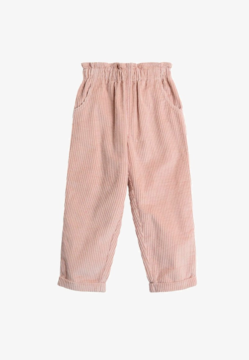 Pantalone od kordura u svijetlo ružičastoj boji s ležernim krojem, s elastičnim pojasom, bočnim džepovima i suptilnim vertikalnim prugama.