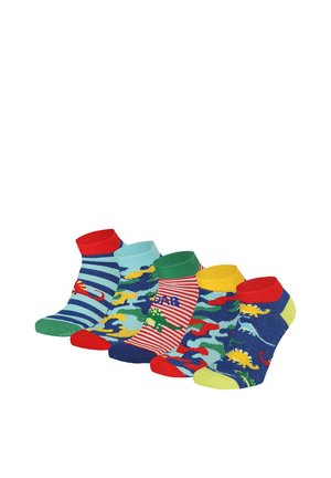 Five colorful ankle socks with dinosaur patterns and striped or camo backgrounds, each featuring different bright cuff, heel, and toe colors.