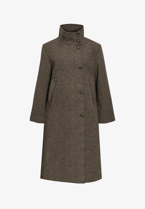 Manteau en laine marron foncé avec un col montant, quatre boutons à l'avant et deux poches latérales. Le tissu présente un motif en chevron texturé.