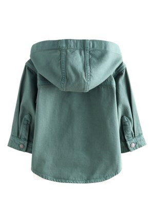 Grüne Jeansjacke mit Kapuze, langen Ärmeln und knöpfbaren Manschetten. Glatte Textur mit lässigem, entspanntem Schnitt und abgerundetem Saum.