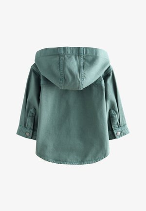 Groene spijkerjasje met capuchon, lange mouwen en knoopsluitingen aan de manchetten. Gladde textuur met een casual, ontspannen pasvorm en een afgeronde zoom.