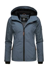 Modrá dámská bunda s kapucí, předním zipem, bočními zipovými kapsami, černou podšívkou a logem na hrudi a uvnitř límce.
