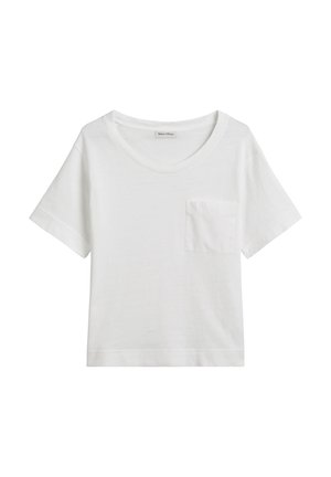 T-shirt en coton blanc à manches courtes avec col rond et poche poitrine, présenté à plat sur un fond blanc.