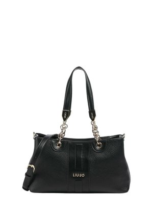 Borsa a tracolla in pelle nera con doppi manici da spalla, dettagli con catena argentata, tracolla regolabile a tracolla e logo "LIU JO" al centro davanti.