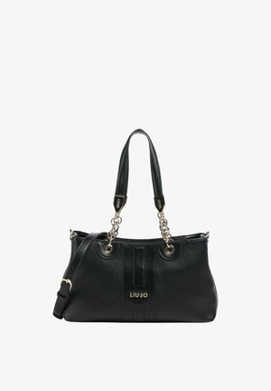 Sac à main en cuir noir avec double anses d'épaule, accents en chaîne argentée, bandoulière réglable et logo "LIU JO" au centre avant.