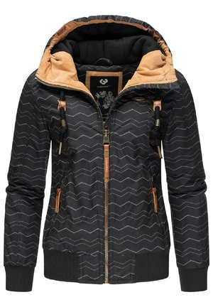 Veste noire avec motif en zigzag, doublure de capuche beige, poches avant, fermeture éclair et cordons décoratifs. Manchons et ourlet côtelés.