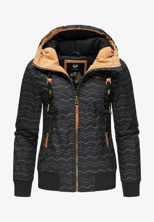 Veste noire avec motif en zigzag, doublure de capuche beige, poches avant, fermeture éclair et cordons décoratifs. Manchons et ourlet côtelés.