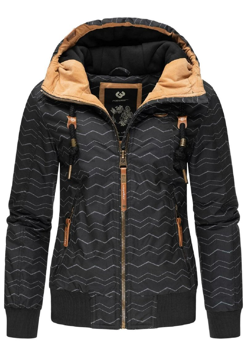 Svart jacka med zigzag-mönster, tan huva lining, framfickor, dragkedjestängning och dekorativa snoddar. Ribbad mudd och nederkant.