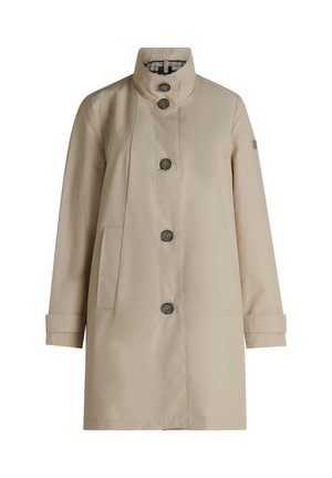 Trench-coat beige avec un col montant, trois gros boutons, deux poches avant et des manches retroussées. Fabriqué dans un tissu lisse et durable.