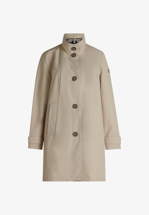 Trench-coat beige avec un col montant, trois gros boutons, deux poches avant et des manches retroussées. Fabriqué dans un tissu lisse et durable.