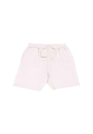 Lys beige bomullsshorts med elastisk midje, justerbar snor og sidetasker. Har subtil merkevare med hvit tekst.
