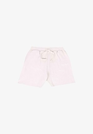 Light beige cotton shorts with an elastic waistband, adjustable drawstring, and side pockets. Features subtle branding in white text.
