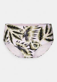 Parte de baixo de bikini de cintura alta com fundo rosa e grandes padrões de folhas tropicais verdes e pretas. Tecido macio e elástico com cintura elástica.
