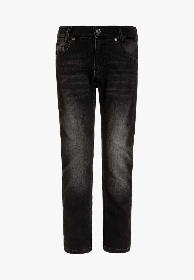 Černé džínové kalhoty se střihem rovného nohavice, se zajímavým vybledlým vzhledem, pěti kapsami a kovovými prvky.