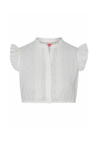 White cropped shirt featuring a high collar, short ruffled sleeves, front button closure, and textured fabric with vertical pleats.