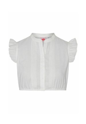 Witte crop-top met een hoge kraag, korte gerimpelde mouwen, knoopsluiting aan de voorkant en een textuur met verticale plooien.