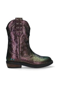 Zwarte cowboylaars met een metallic regenboogafwerking, decoratieve stiksel, stervormige hardware en een houten hak. Heeft een ronde neus.