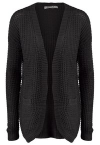 Cardigan noir ouvert en tricot avec manches longues, deux poches avant et un motif gaufré texturé.