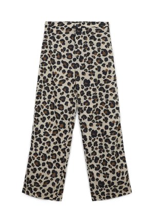 Pantaloni in stampa leopardata beige, con una vestibilità comoda. Il tessuto ha una texture liscia con macchie nere e marroni.