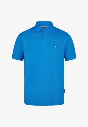 Blaues Poloshirt aus strukturiertem Baumwollstoff, mit traditionellem Kragen, drei Knöpfen und einem kleinen Logo auf der linken Brust.