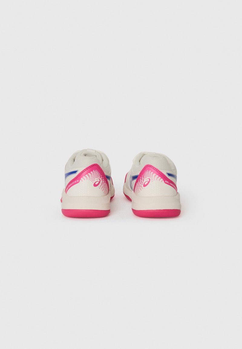 Footwear featuring a white upper with pink accents, blue stripes, and textured heel design. Cushioned sole in pink provides added comfort.