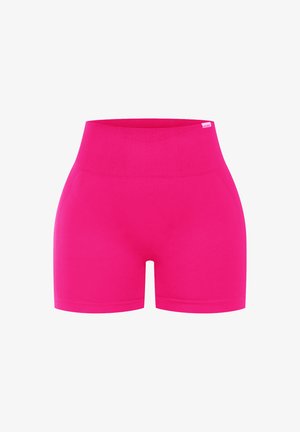 Pantaloni corti rosa a vita alta realizzati in materiale elasticizzato, con una texture liscia e un design aderente, dotati di un semplice elastico in vita.