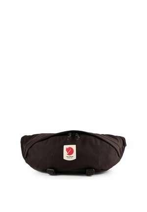 Black Fjällräven waist bag with front zipper pocket and red fox logo patch on white background.