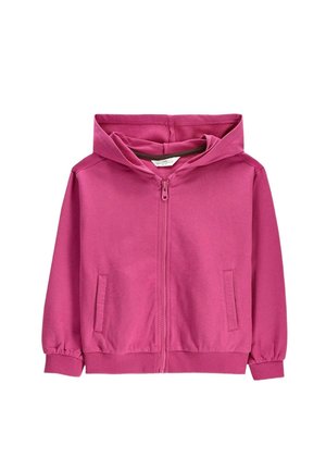 Child's zip-up hoodie in solid pink with front pockets, ribbed cuffs, waistband, and attached hood.