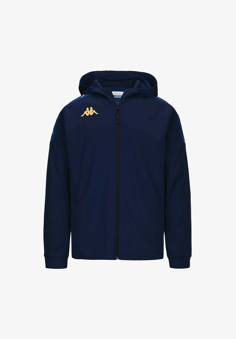 Veste à capuche zippée marine en tissu lisse. Présente un logo doré sur la poitrine et des accents bleus le long des épaules et des manches.