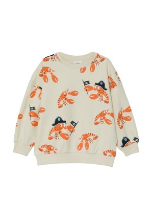 Sweat-shirt enfant couleur crème avec des homards orange, certains portant des chapeaux de pirate et tenant de petits drapeaux de pirate.