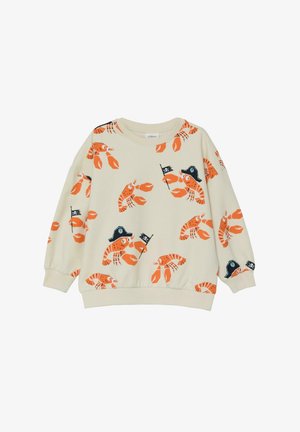Kinder-Sweatshirt in Cremefarbe mit orangefarbenen Hummern, einige tragen Piratenhüte und halten kleine Piratenflaggen.